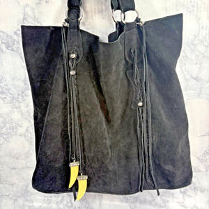 RAZ Women's 100% Genuine Letaher Purse Fringe Detail Black Boho Tote Soft Slouch